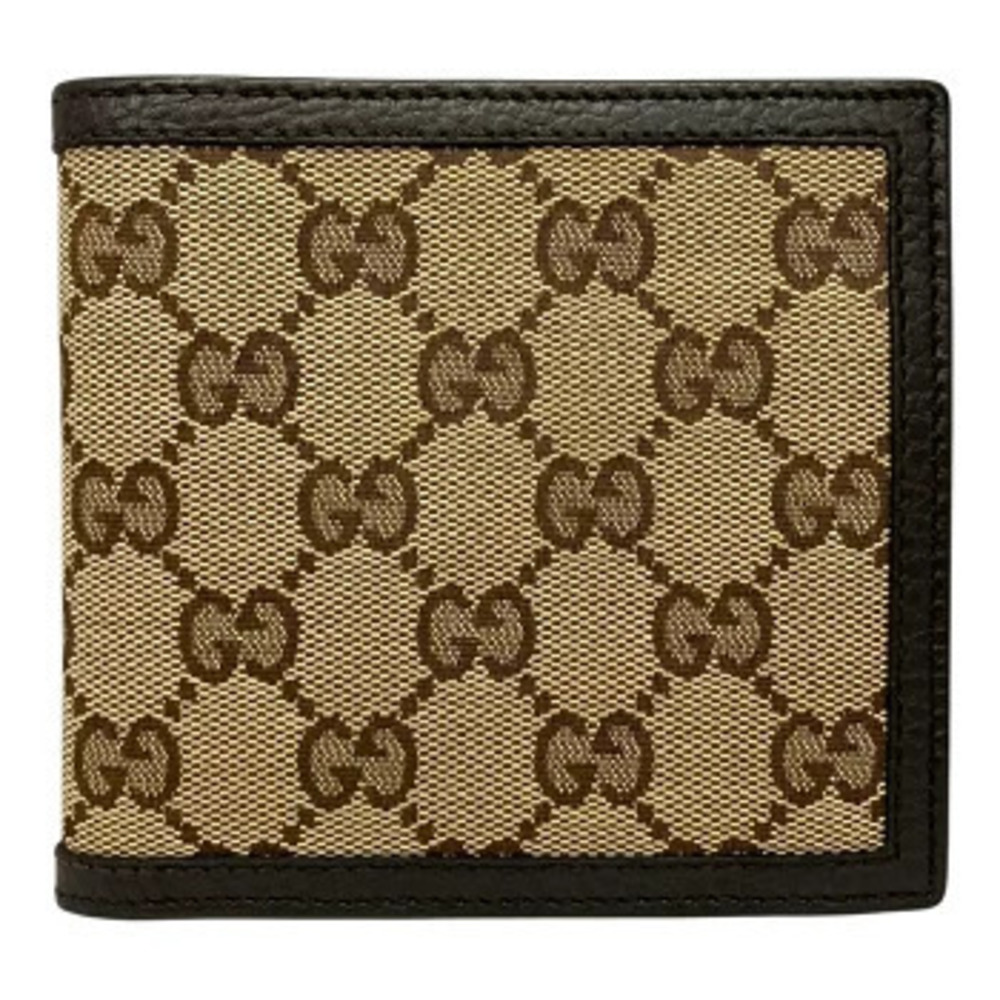 Gucci Bi fold Wallet GG Canvas x Leather Signature Beige Cream Dark Brown